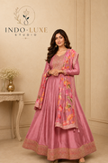 Blush Pink Silk Anarkali Gown with Zari Border & Floral Print Dupatta