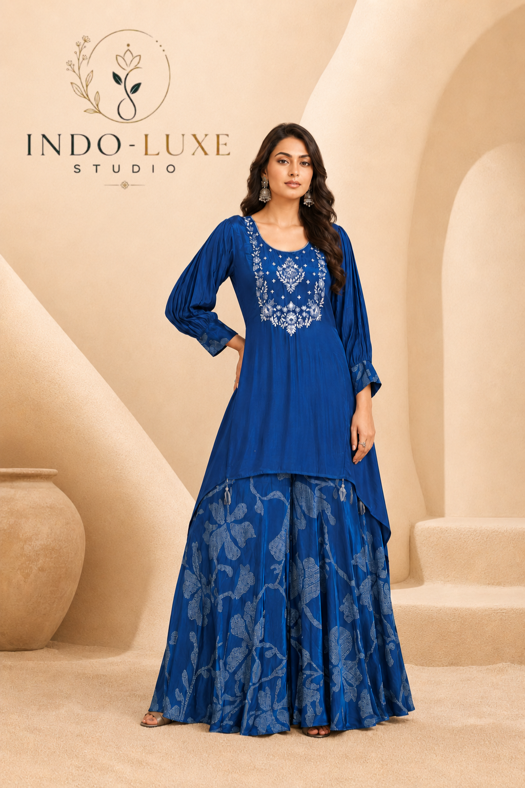 Royal Blue Embroidered Kurta with Floral Jacquard Sharara