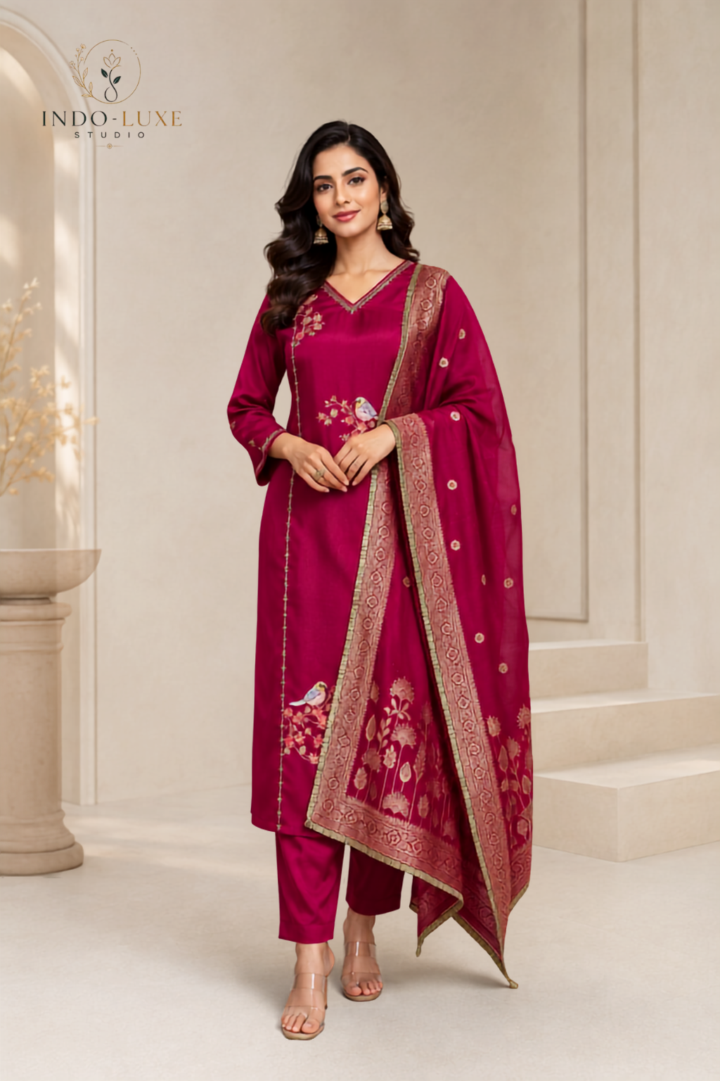 Berry Pink Floral Embellished Kurta Set