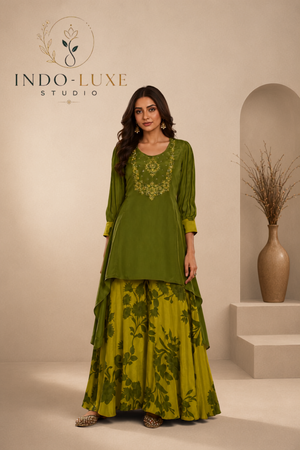 Olive Green Embroidered Kurta with Floral Printed Sharara