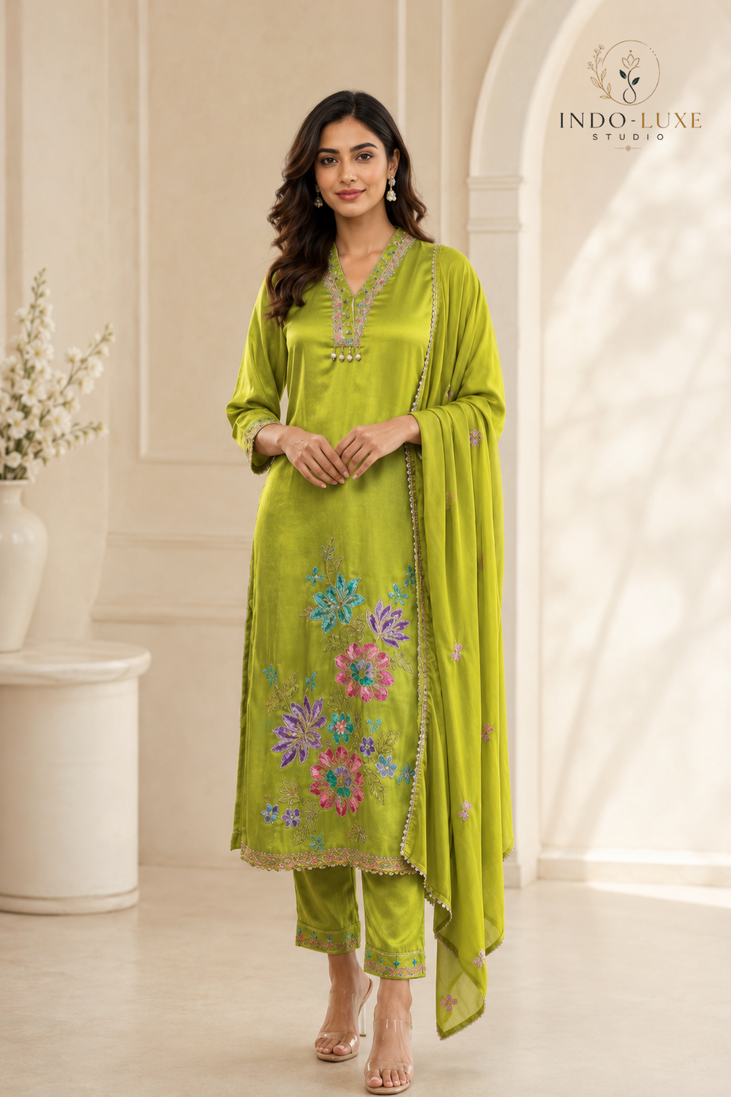 Lime Green Floral Embellished Kurta Set