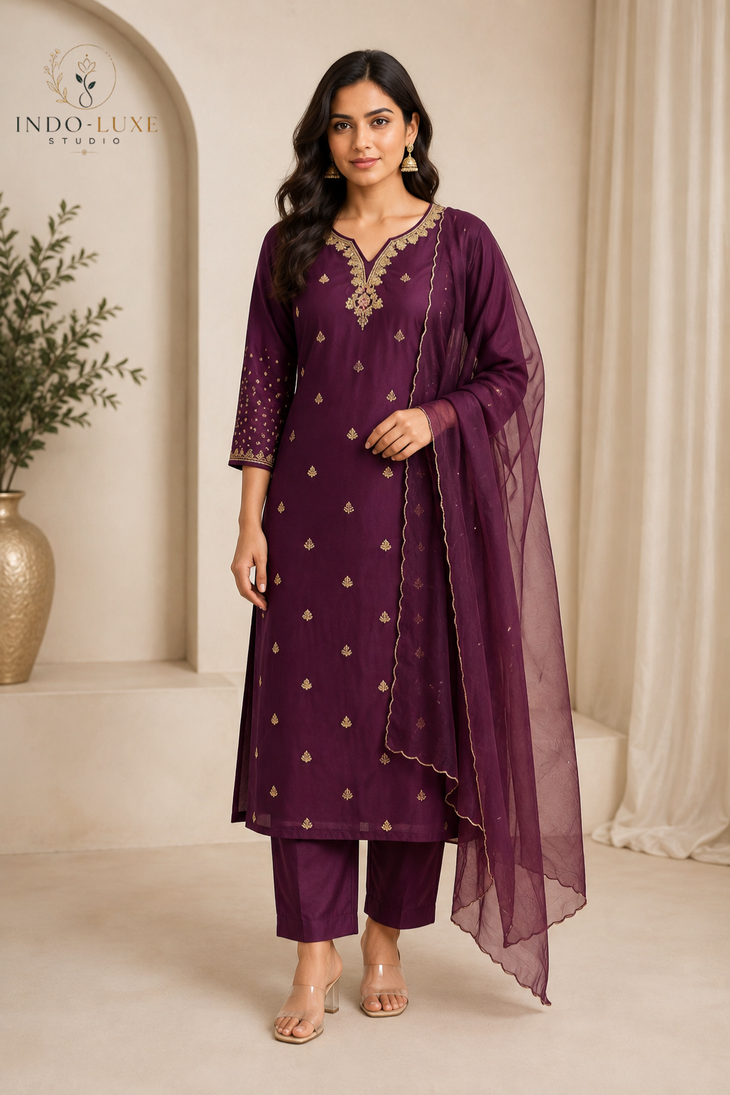 Wine & Gold Embellished Kurta Set