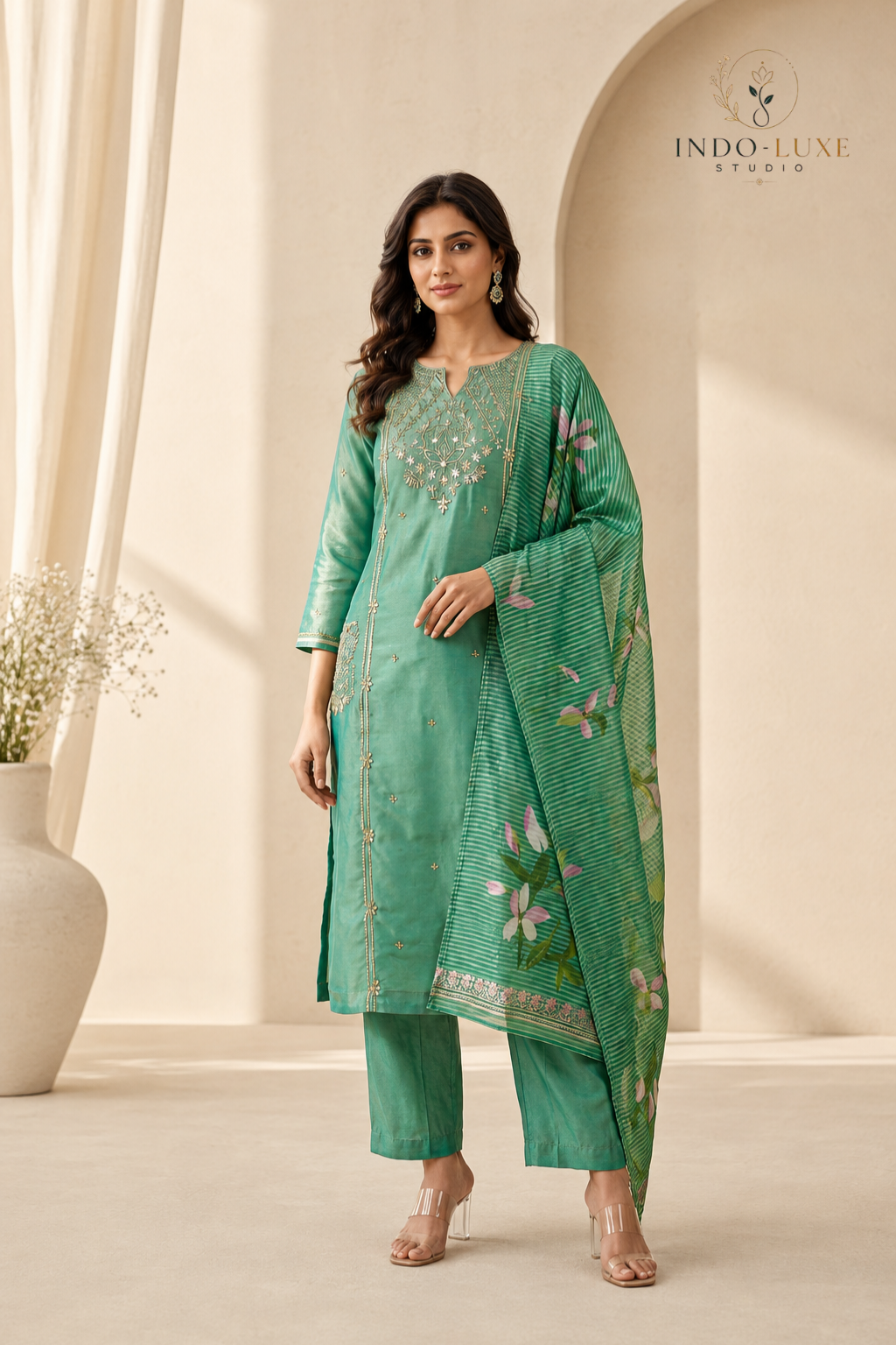 Mint Green Floral Dupatta Embellished Kurta Set