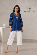Navy Blue Floral Embroidered Short Kurti with Bishop Sleeves