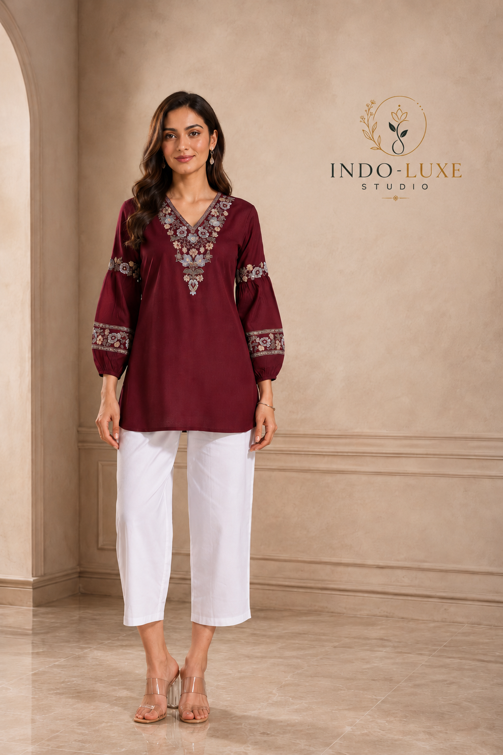 Maroon floral embroidery kurti with bishop sleeves