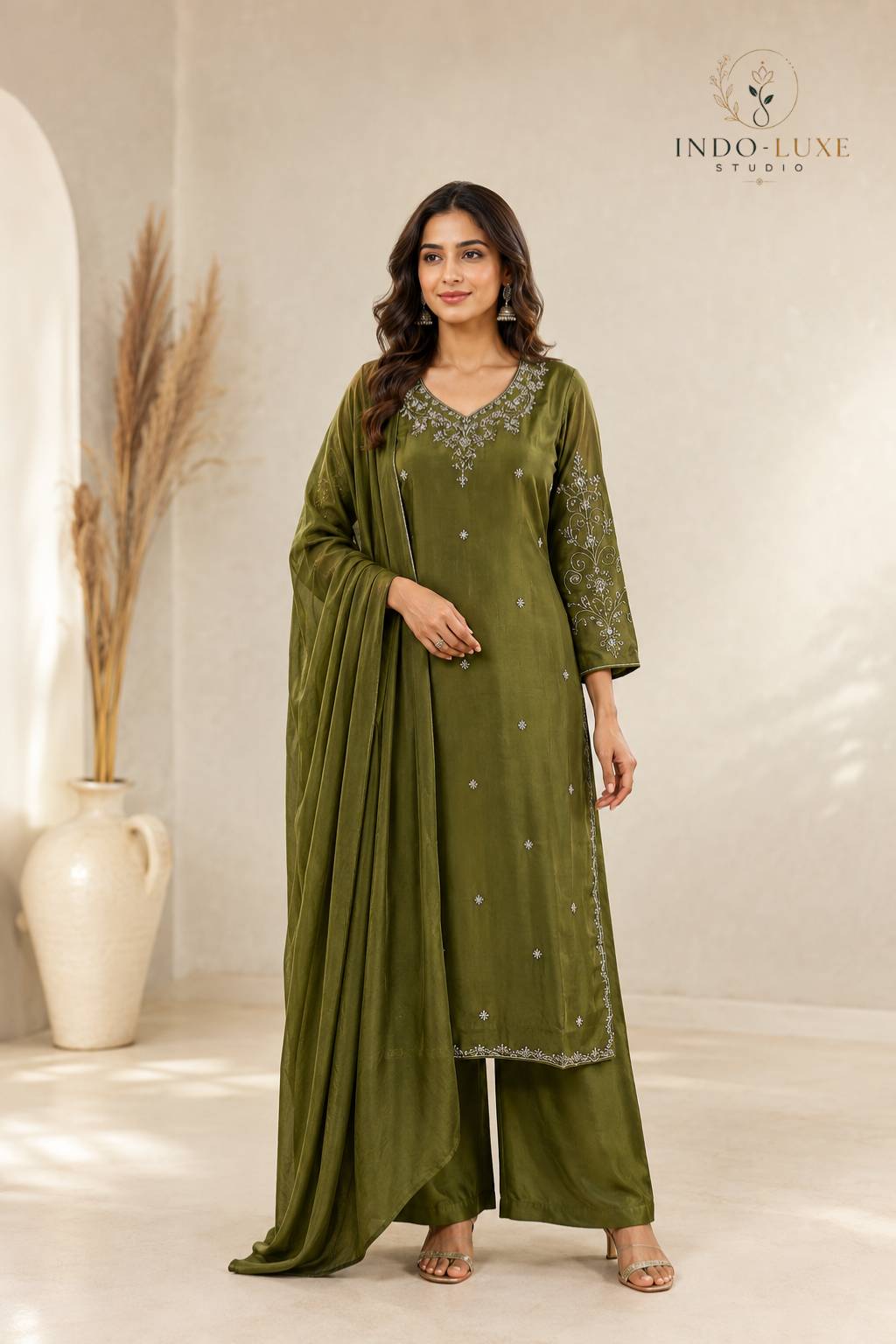 Olive Green Embellished Kurta Set
