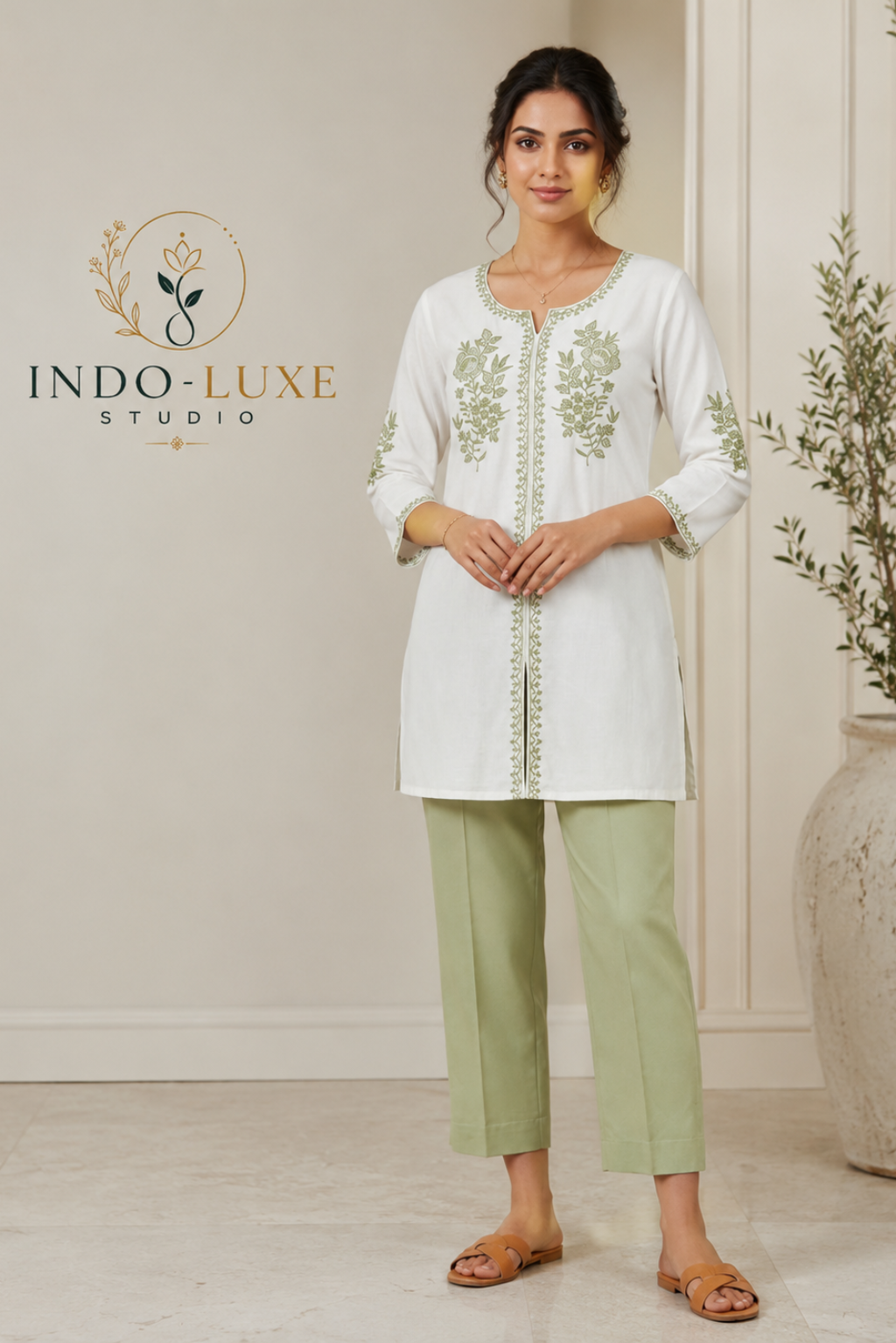 White Floral Embroidered Short Kurti