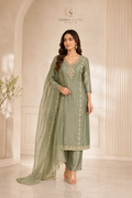 Sage Green Tissue Embellished Kurta Set