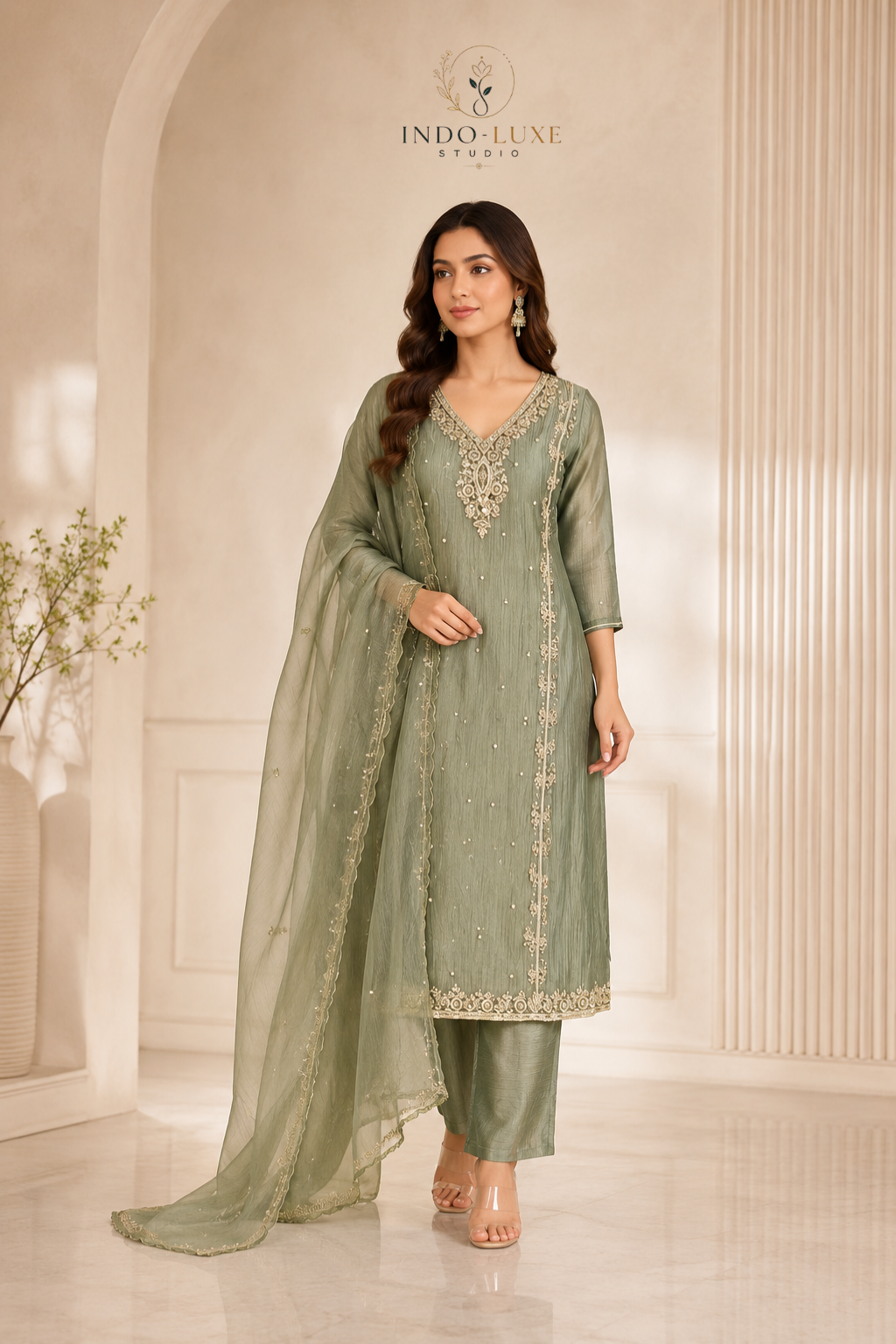 Sage Green Tissue Embellished Kurta Set