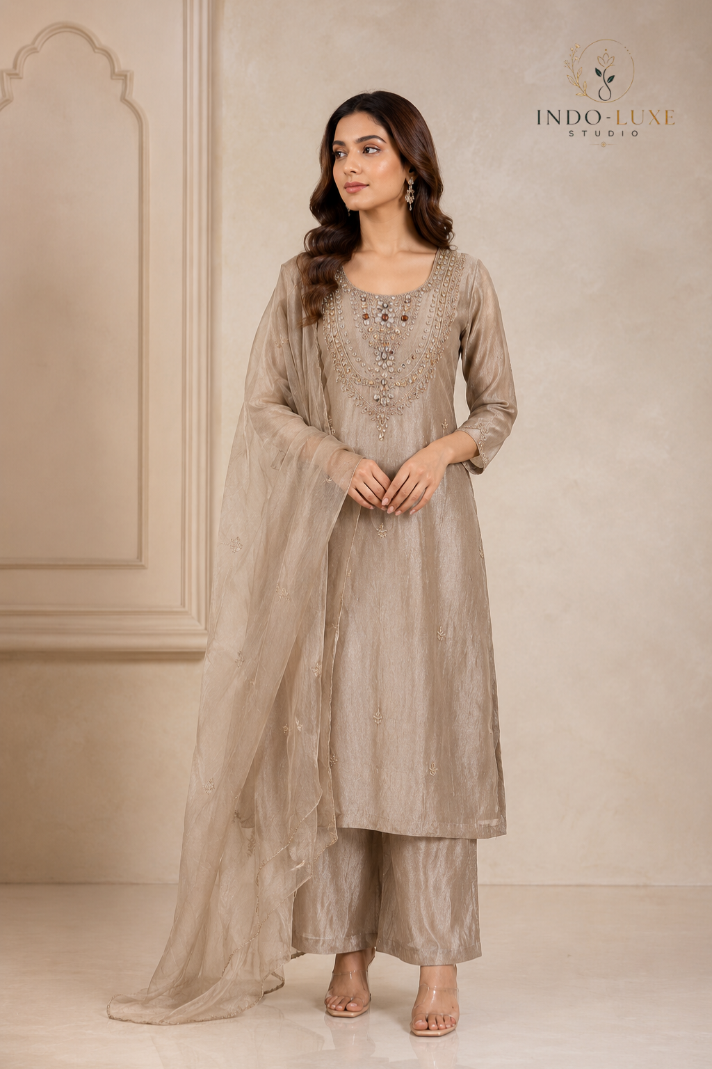 Champagne Taupe Embellished Kurta Set