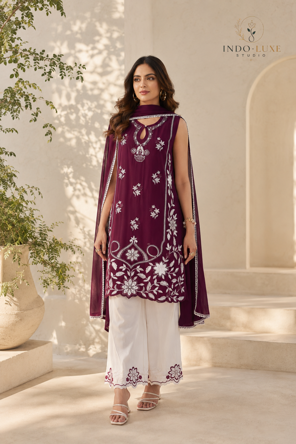 Plum Floral Embellished Palazzo Set