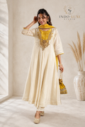 Beige & Mustard Embellished Tissue Anarkali Set