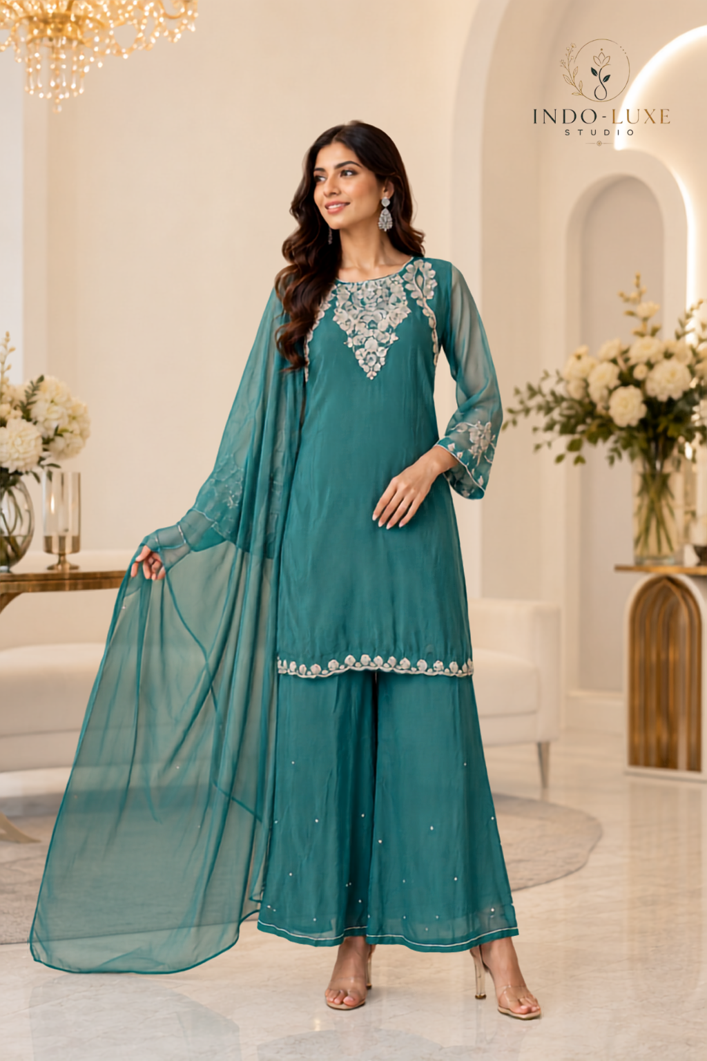 Teal Blue Embellished Palazzo Set