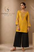 Mustard Floral Embroidered Short Kurti