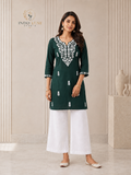 Bottle Green Chikankari Embroidered Long Kurti