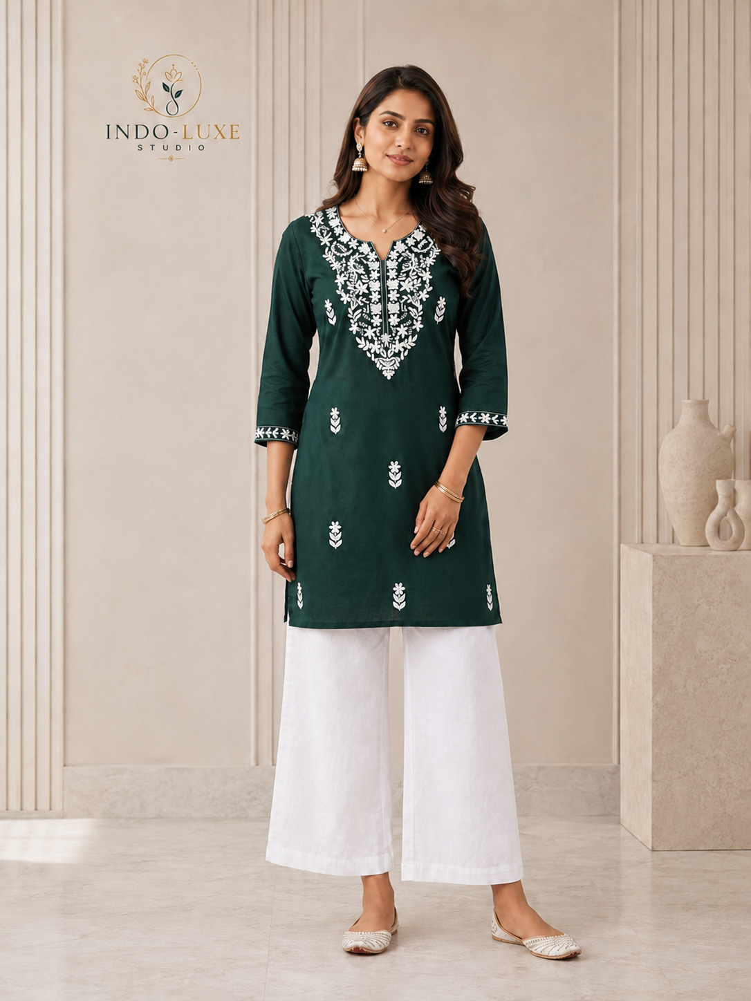 Bottle Green Chikankari Embroidered Long Kurti