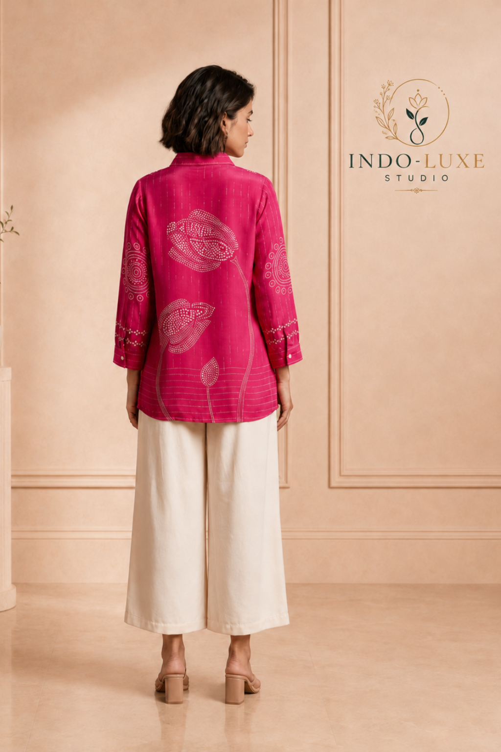 Hot Pink Bandhani Print Soft Crepe Shirt Kurti