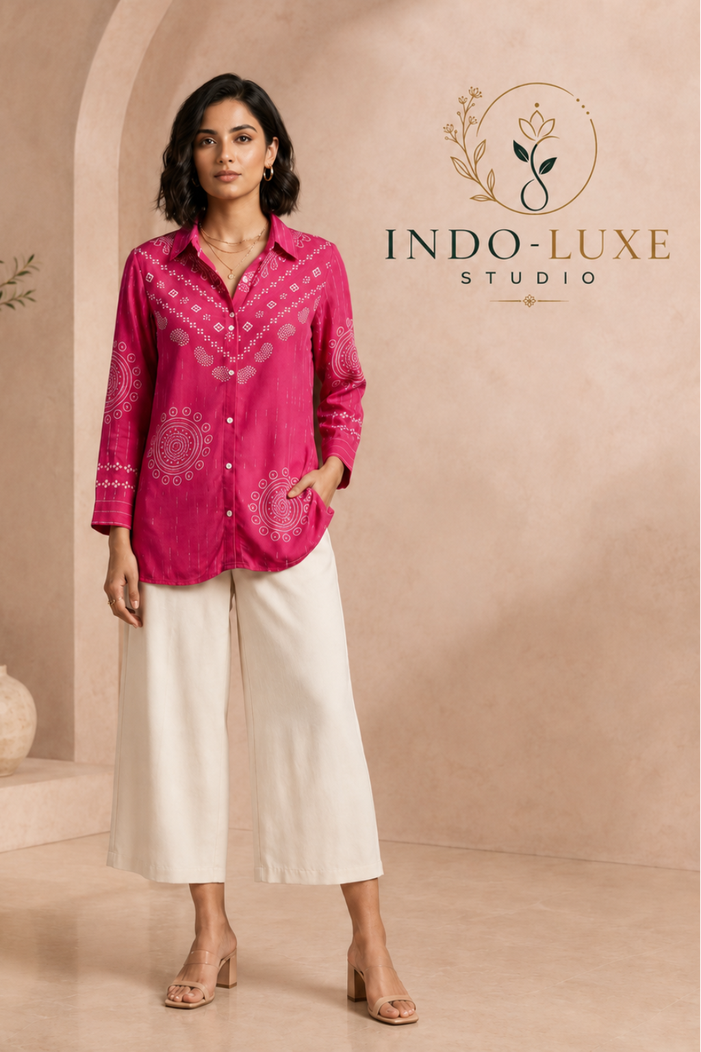 Hot Pink Bandhani Print Soft Crepe Shirt Kurti