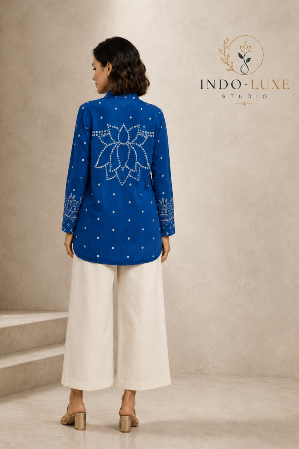 Royal Blue Bandhani Print Soft Crepe Shirt Kurti