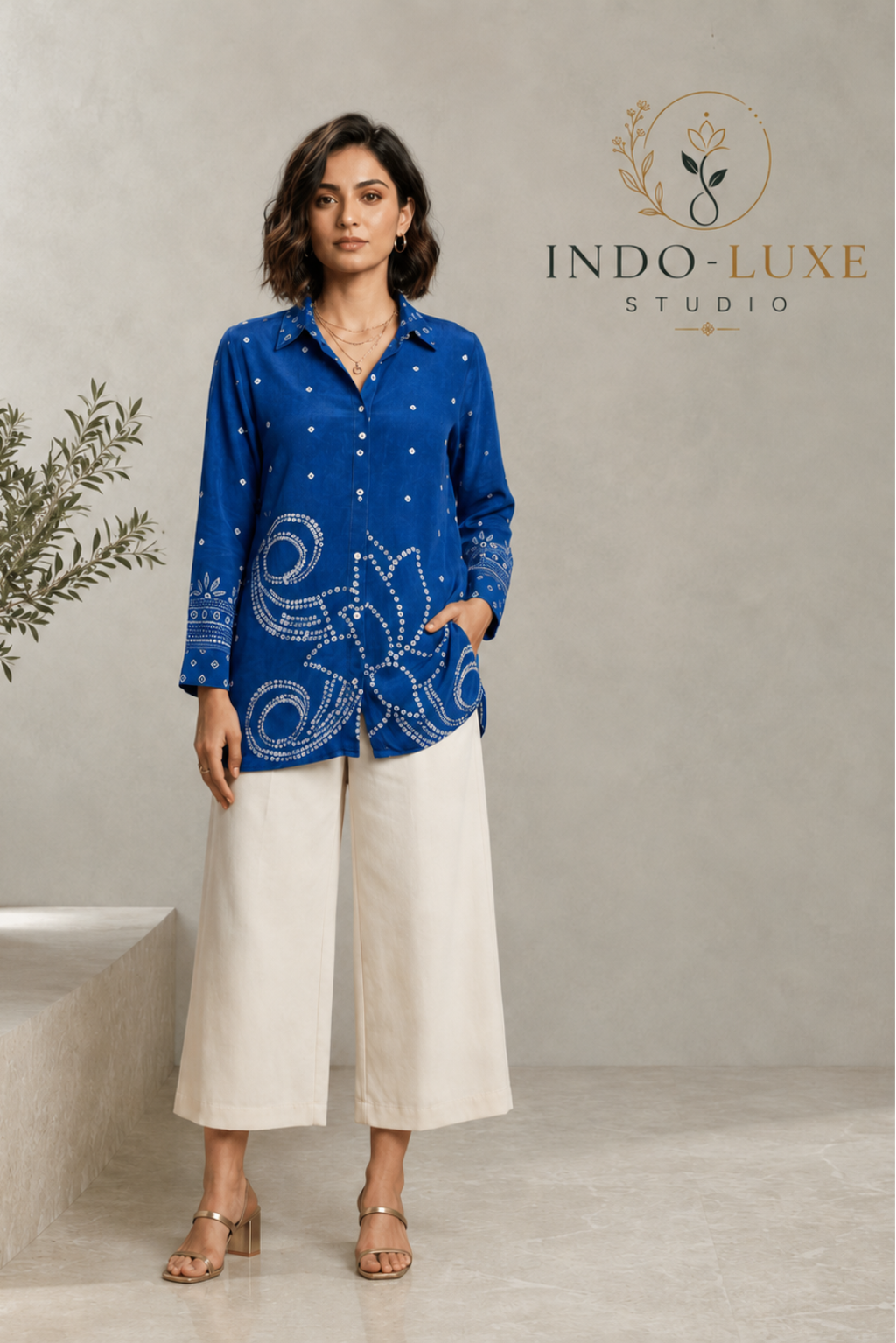Royal Blue Bandhani Print Soft Crepe Shirt Kurti