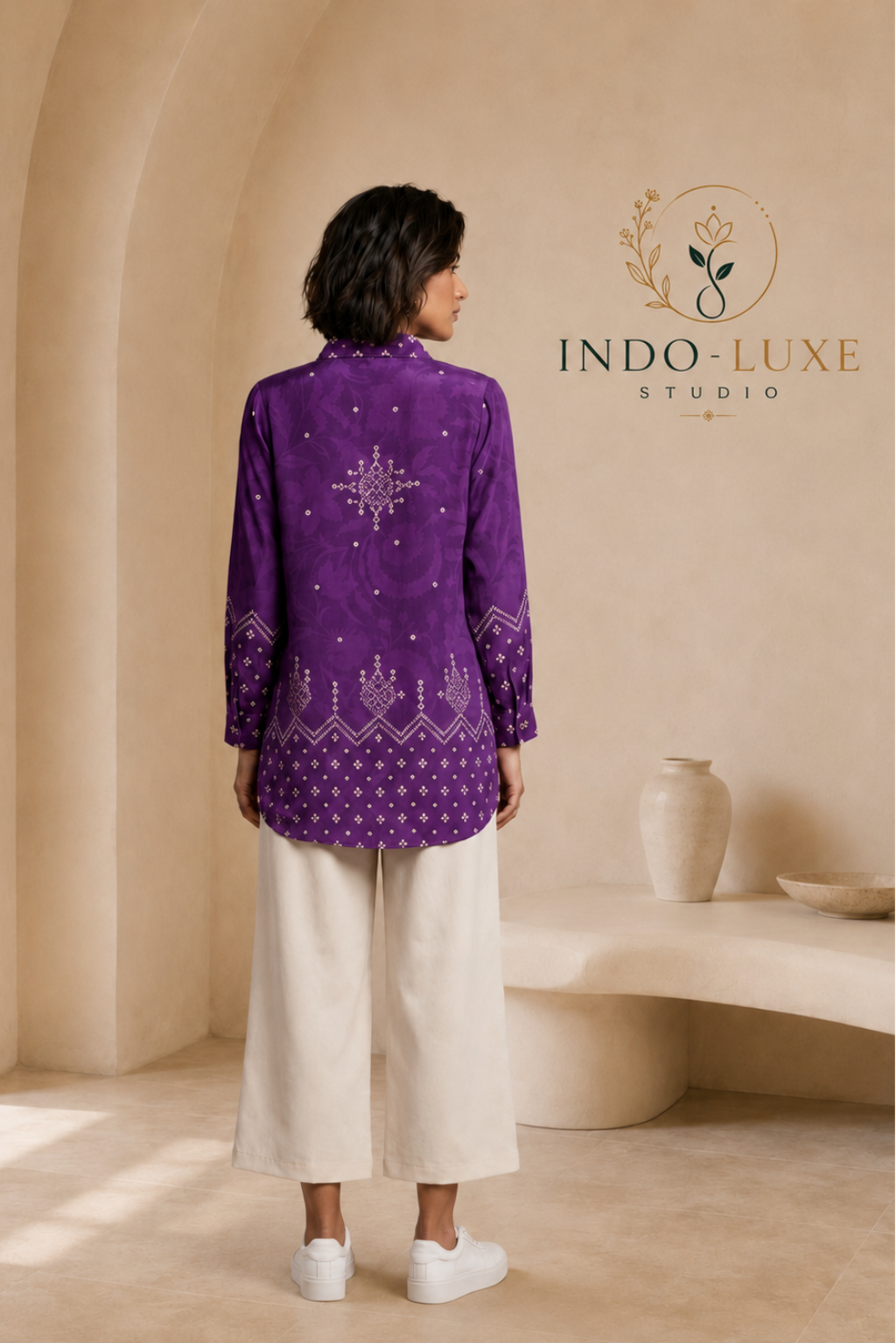 Purple Bandhani Print Crepe Shirt Kurti