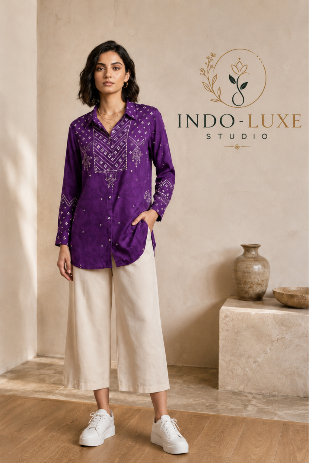 Purple Bandhani Print Crepe Shirt Kurti