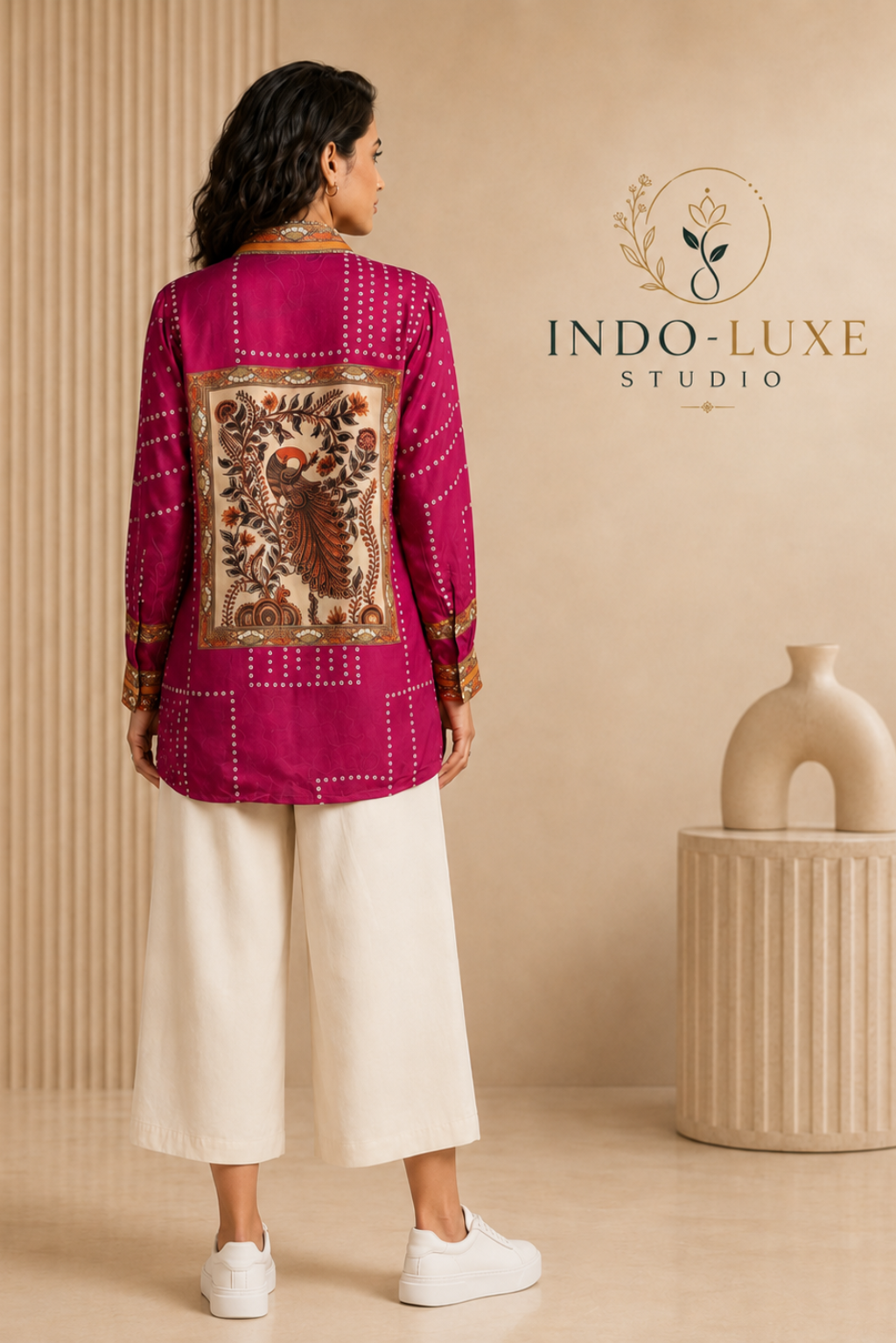 Magenta Bandhani Print Crepe Shirt Kurti
