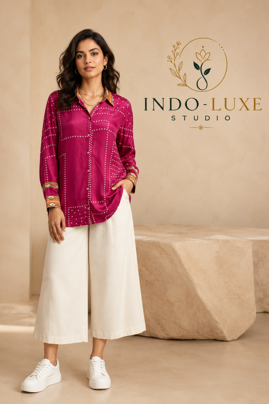 Magenta Bandhani Print Crepe Shirt Kurti
