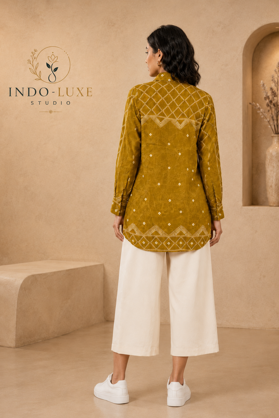 Mustard Bandhani Print Crepe Shirt Kurti