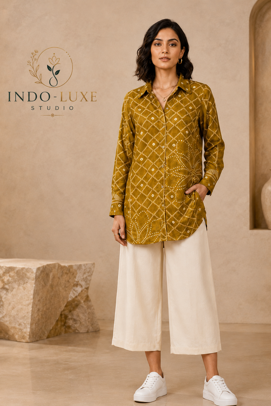 Mustard Bandhani Print Crepe Shirt Kurti