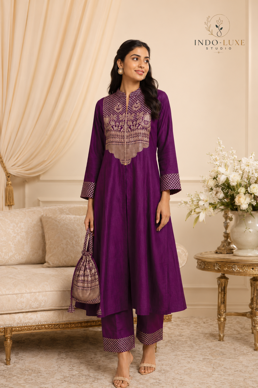 Royal Purple & Gold Ornate Kurta Set