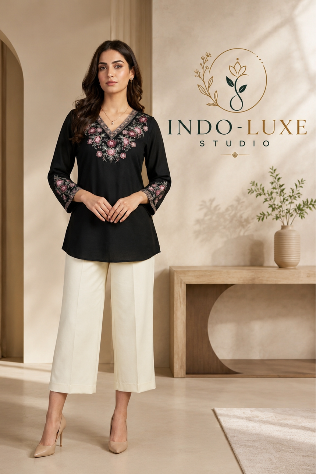 Black Floral Embroidered Short Kurti