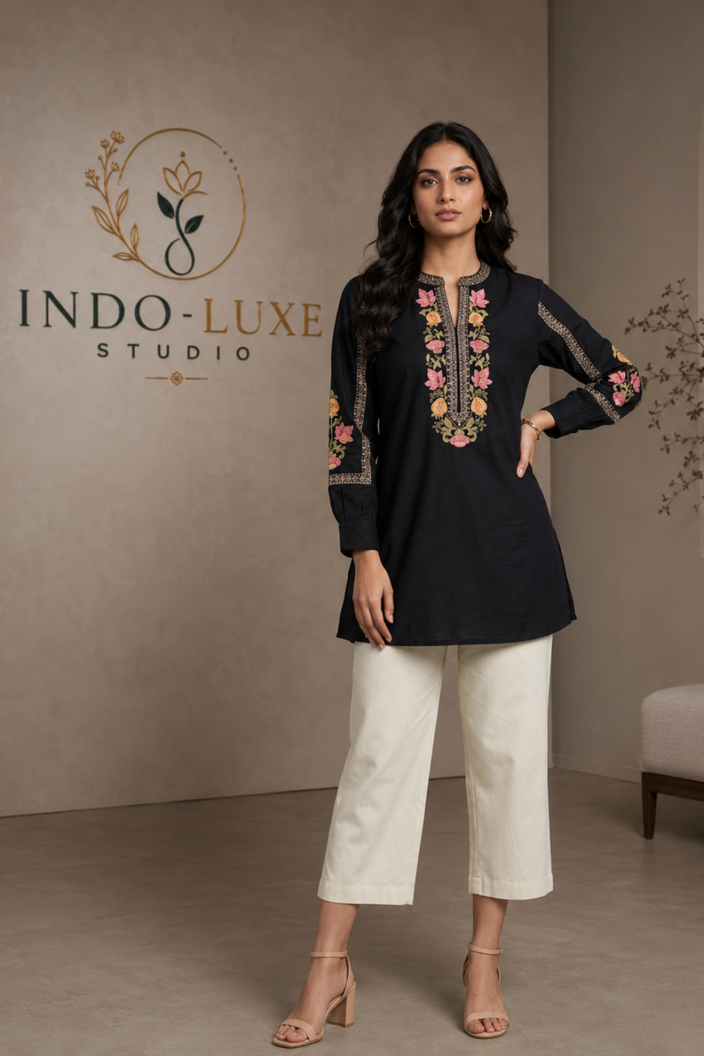 Midnight Black Floral Embroidered Short Kurti
