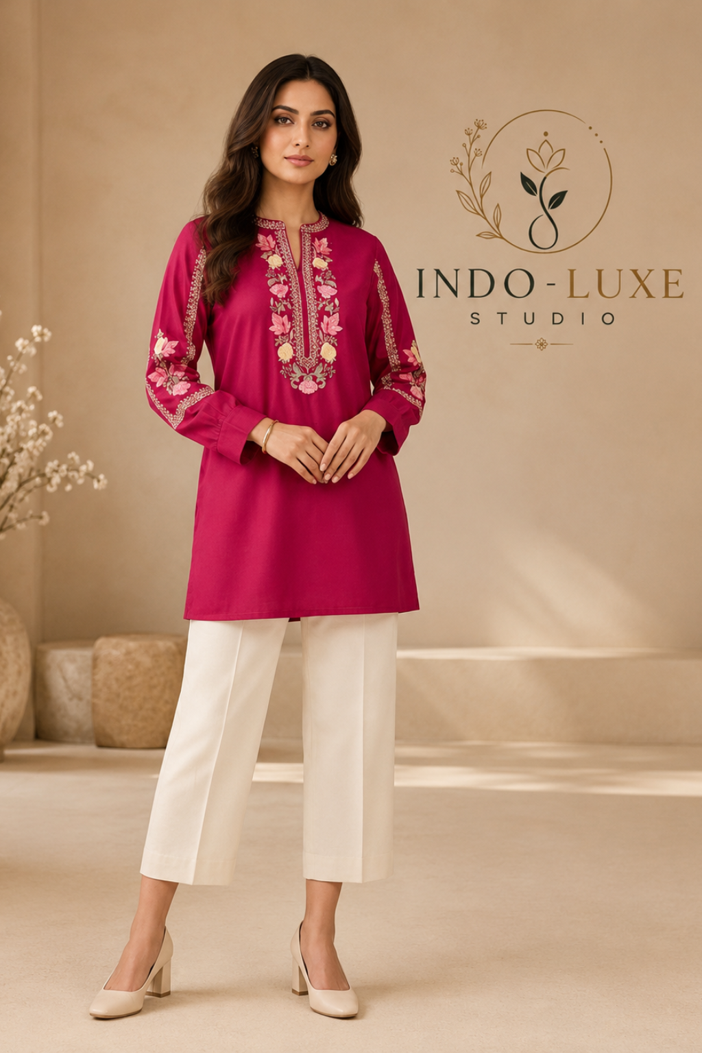 Hot Pink Floral Embroidered Short Kurti