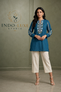 Teal Blue Floral Embroidered Short Kurti