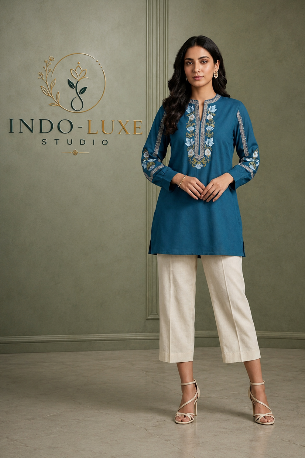 Teal Blue Floral Embroidered Short Kurti
