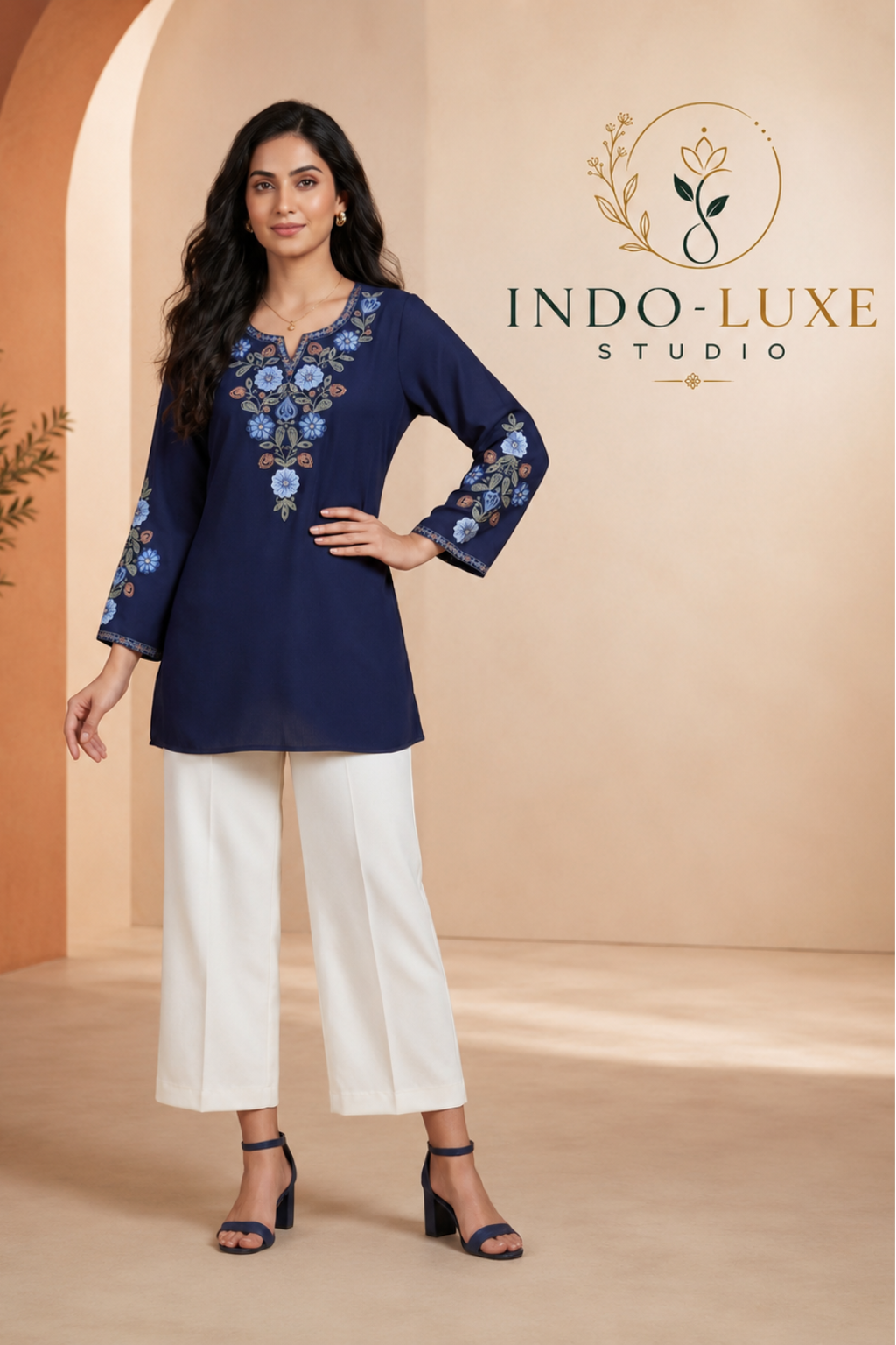 Navy Blue Floral Embroidered Short Kurti