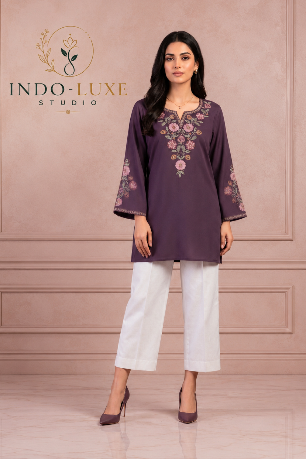 Plum Floral Thread Work Short Kurti