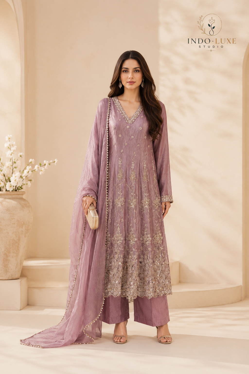 Rose Gold Embellished Anarkali Palazzo Set