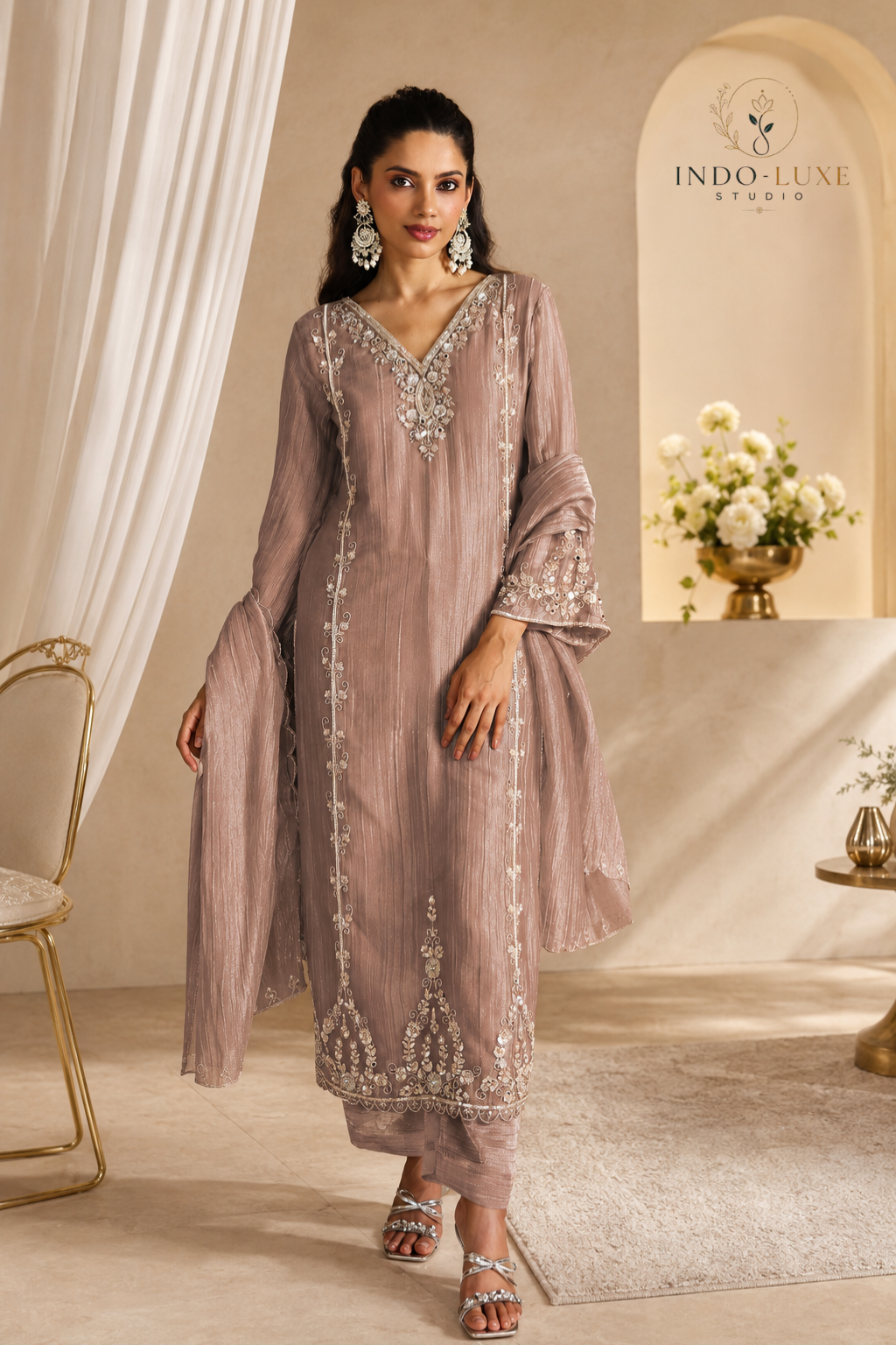 Taupe Embellished Kurta Set