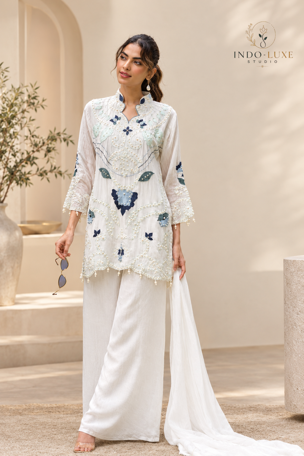 Pearl Lace Embellished Palazzo Set