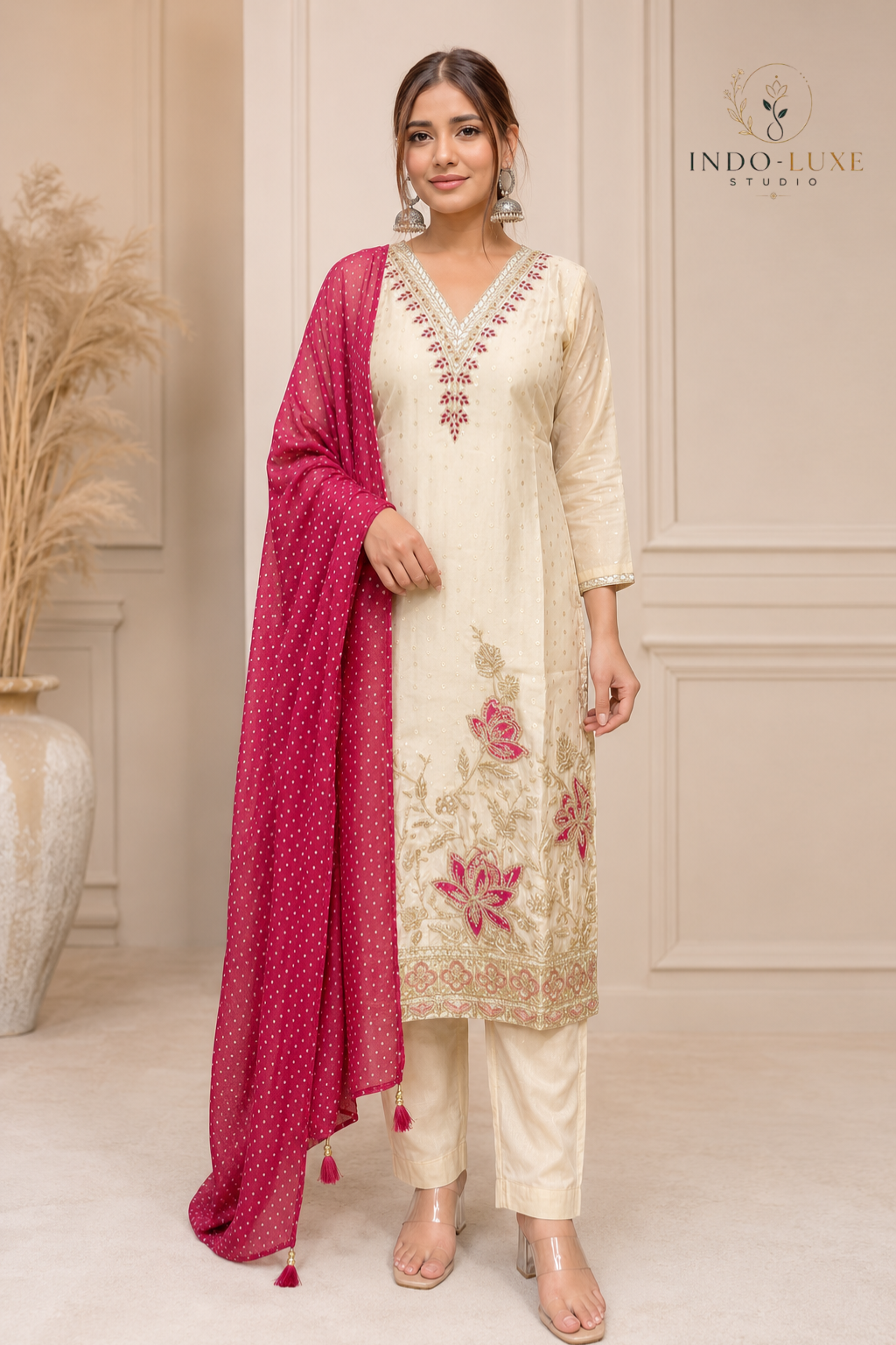 Ivory Floral Embellished Kurta Set with Contrast Dupatta