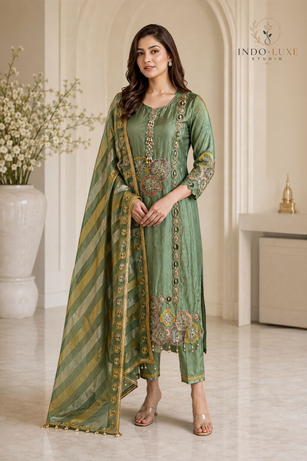 Sage Green Floral Embellished Kurta Set