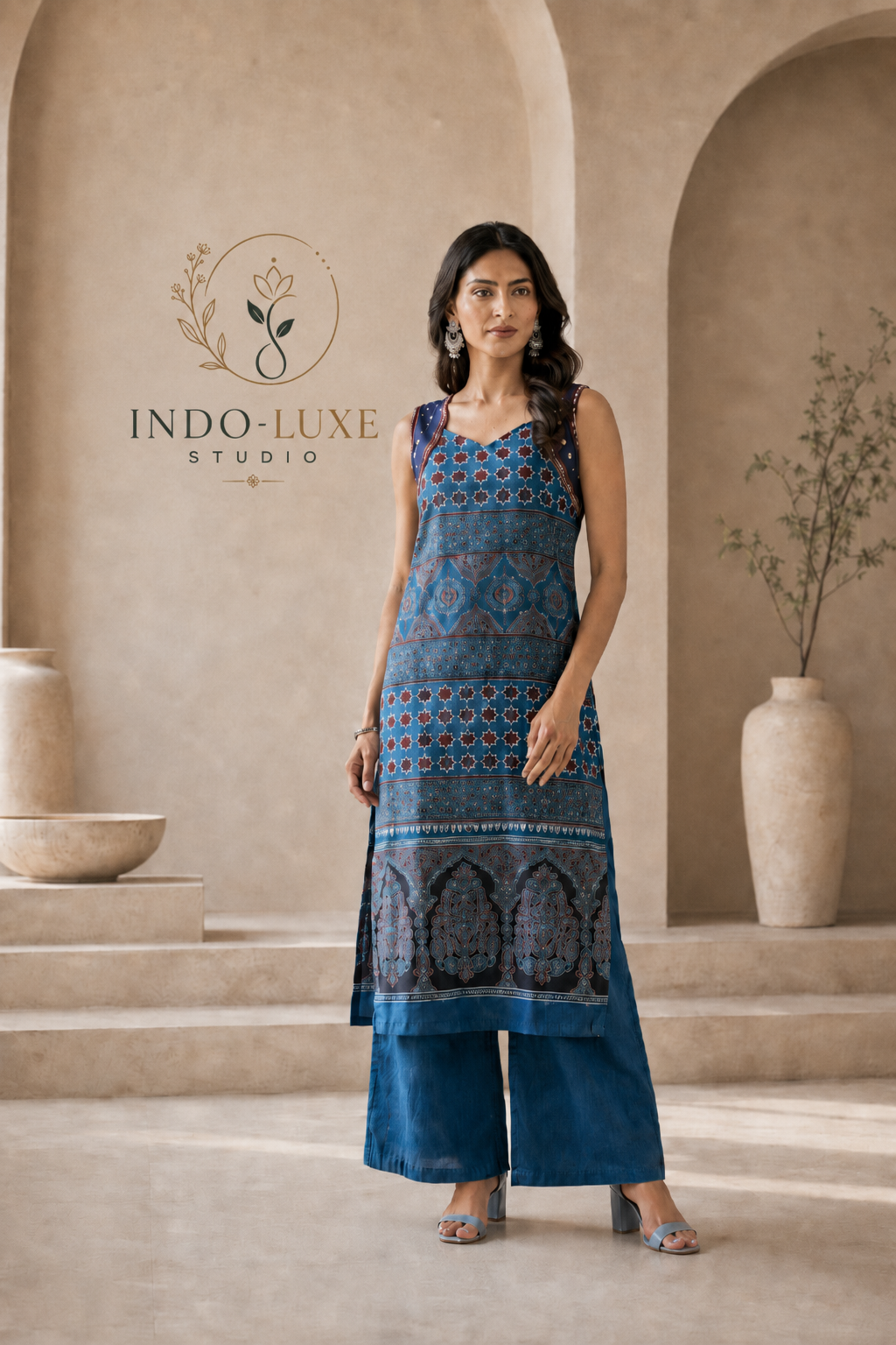 Teal Blue Multi-Panel Print Cord Set with Silk Palazzo