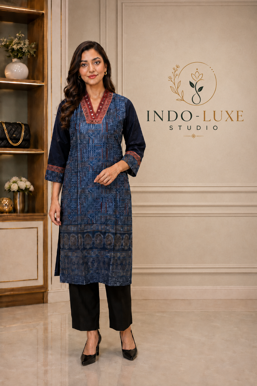 Steel Blue Ajrakh Print Kurta with Black Raw Silk Pants
