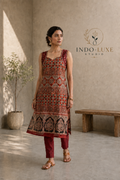 Burgundy Mughal Print Cord Set with Jali Hem & Straight Pants