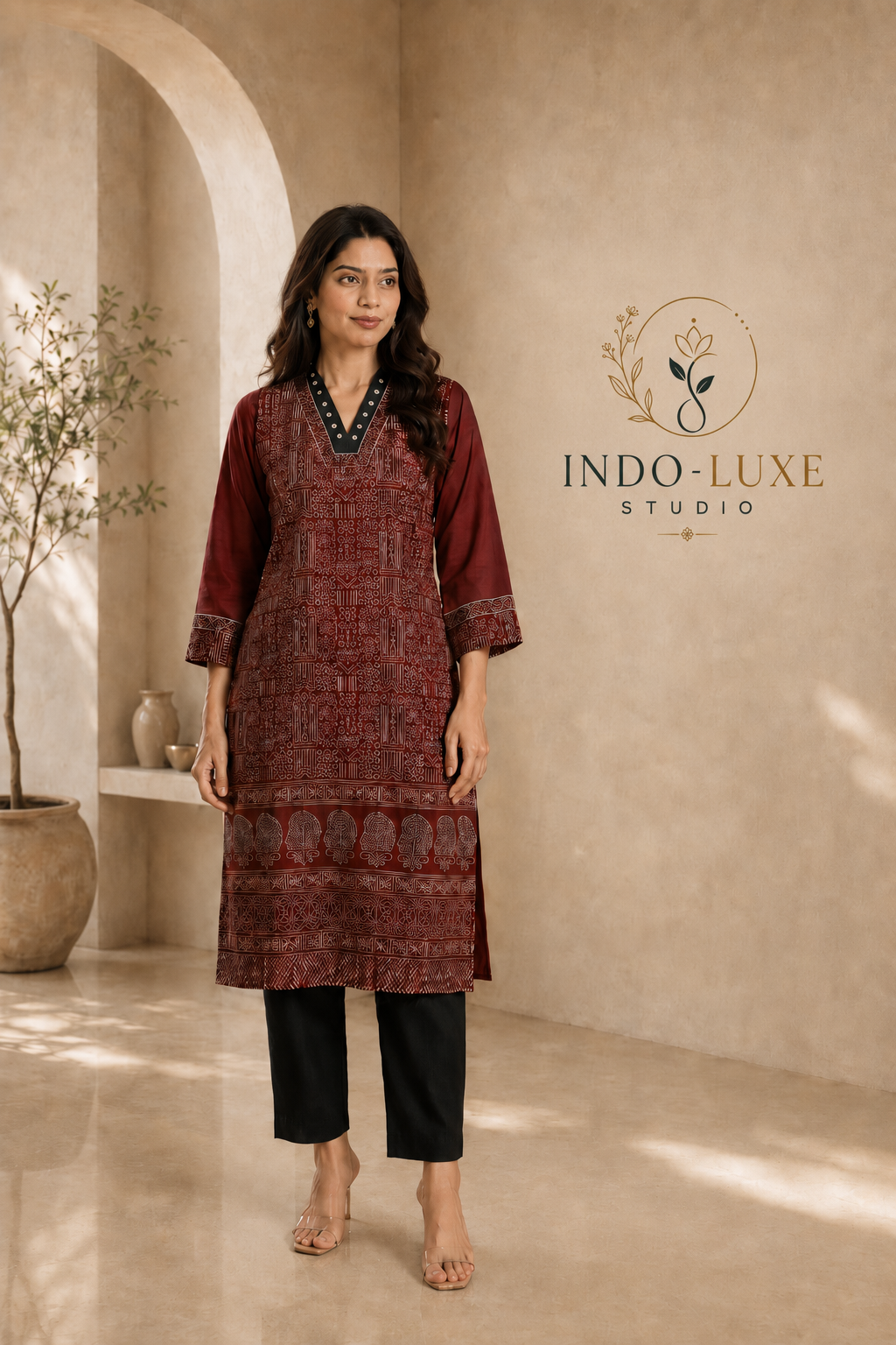 Burgundy Ajrakh Print Kurta with Black Straight Raw Silk Pants
