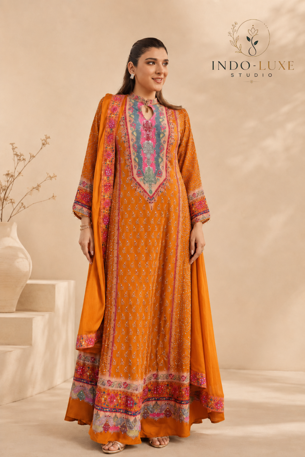 Saffron Gold Anarkali Gown with Kashmiri Embroidered Yoke & Dupatta