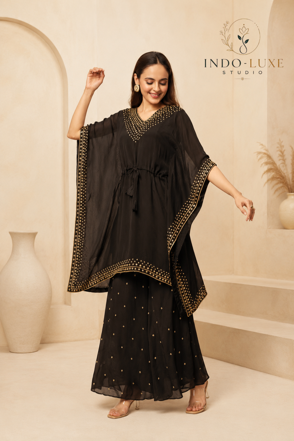 Black Mukaish Kaftan Set with Gold Sequin Sharara