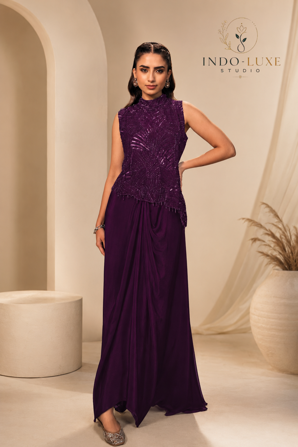 Purple Sequin Drape Lehenga with Tonal Botanical Choli